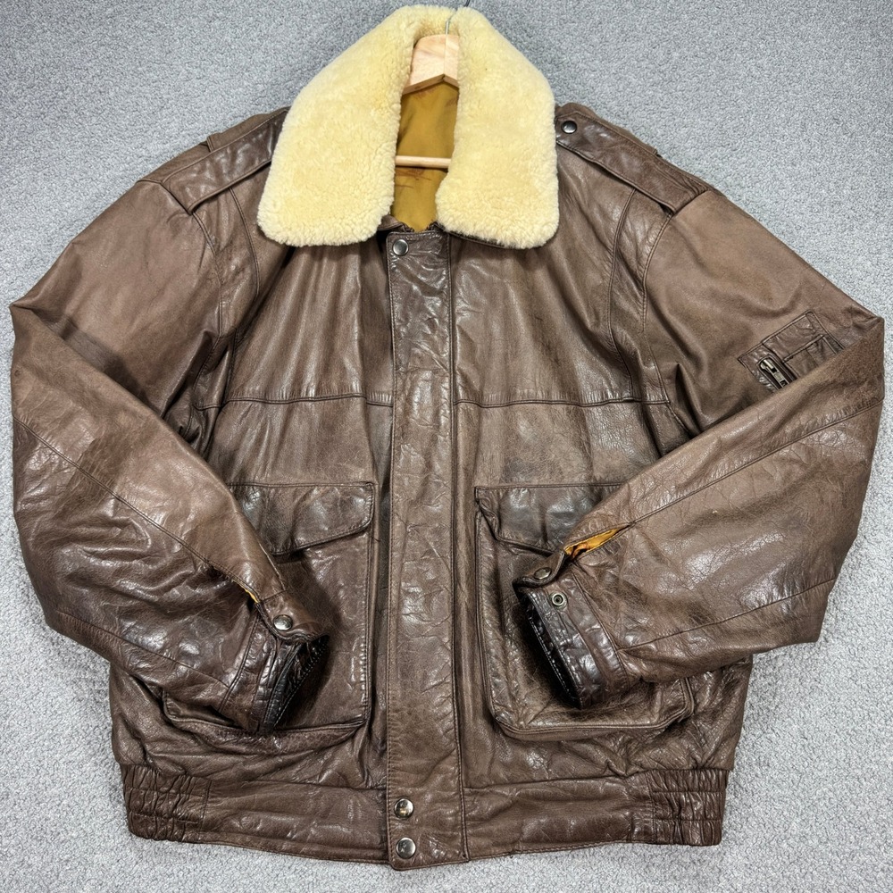 Vintage Aviator Leather Jacket Men's 2XL Brown Sherpa Collar The Olde Hide House